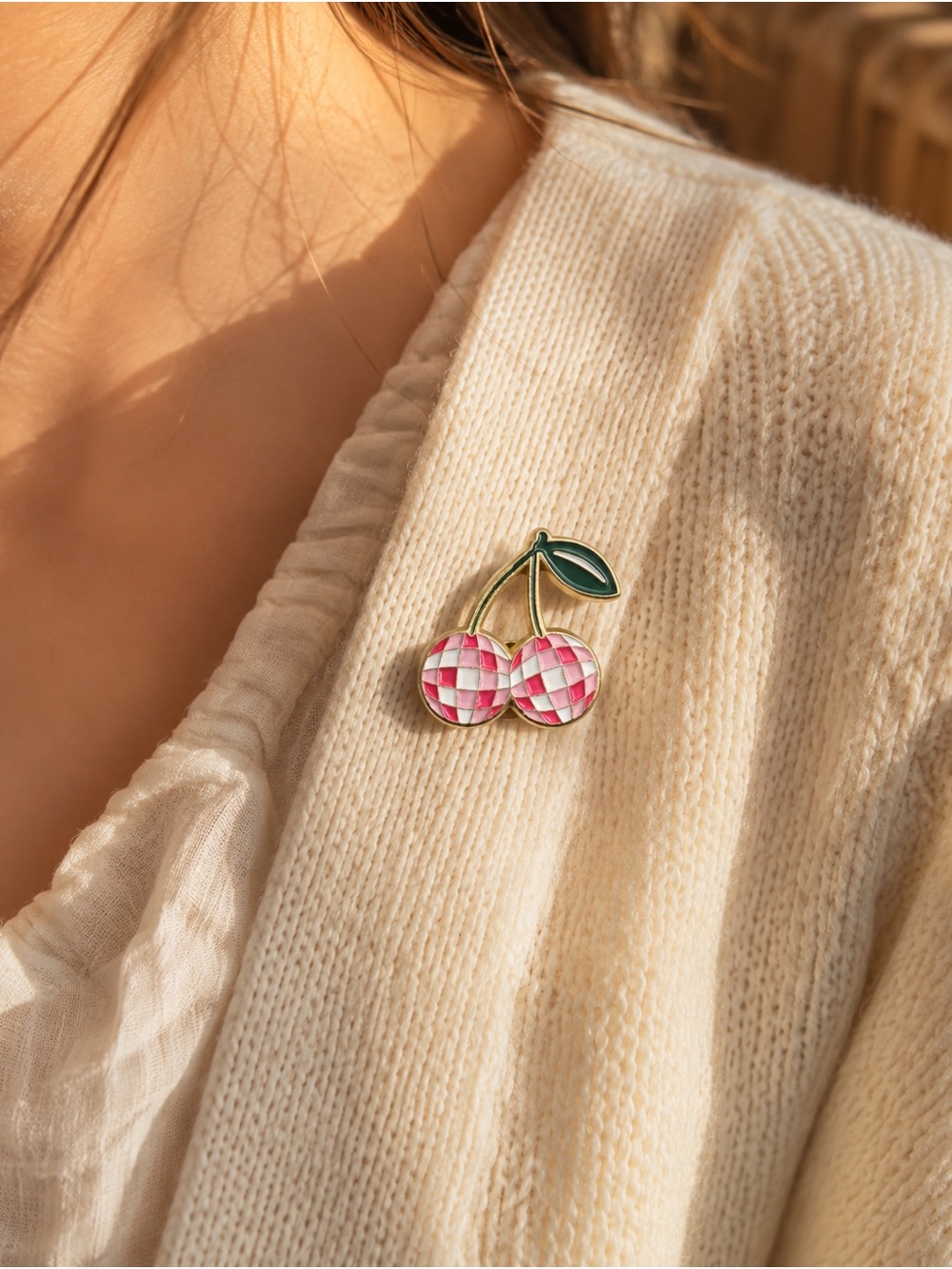 Pink Checkered Cherry Enamel Brooch Pin - Picture 3 of 4